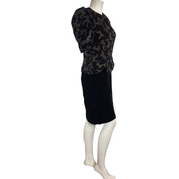 Vintage Scott McClintock Velvet Dress Puff Sleeve Gold Bow Print MOB WIFE Prom - Picture 3 of 13